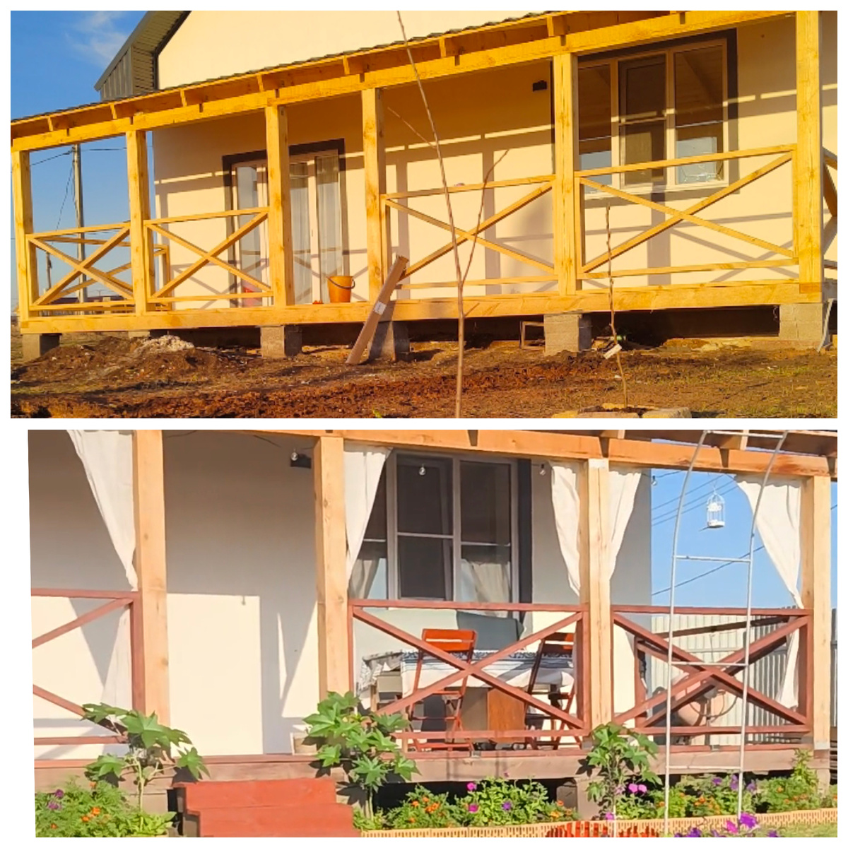 Сверху: терраса от застройщика, фото весны 23 года. Снизу: терраса летом 23 года