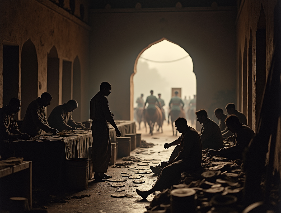 Кожевенная мастерская, начало XX века: Тусклое освещение, мужчины за работой с кожей. На переднем плане — хозяин в более дорогой одежде (скрытый неприкасаемый), отдающий указания работникам. Через открытую дверь видны подъезжающие телеги с армейскими заказами.