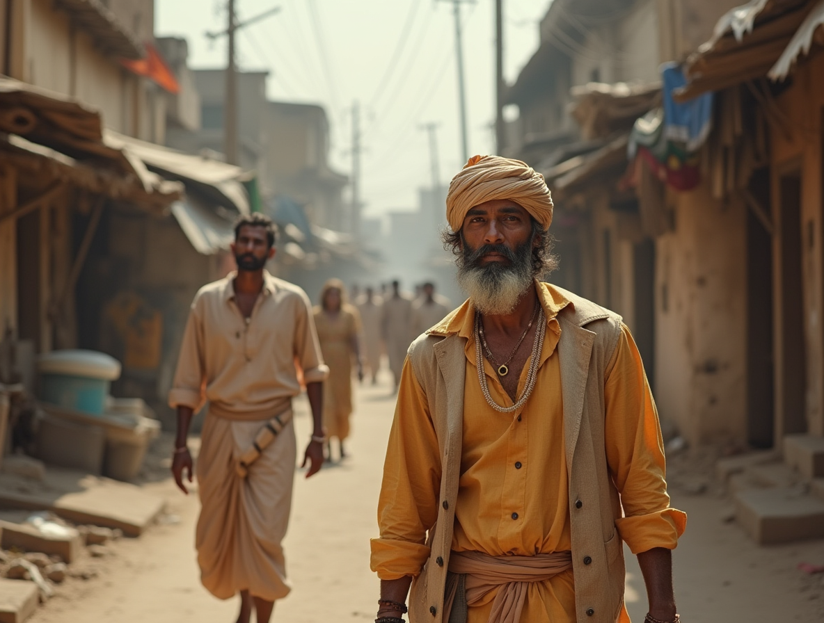 Парадокс истории. Разбогатевший неприкасаемый уверенно идет по трущобам Индии. На него с презрением и завистью смотрит брахман, который держится в стороне, так как брахману не положено находится рядом с неприкасаемым.