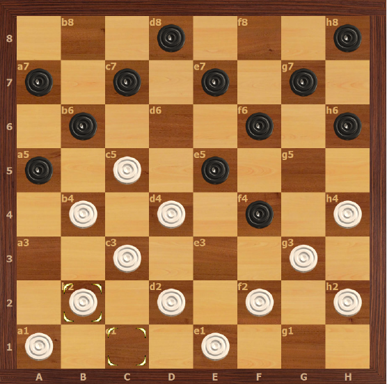 1.a3-b4 b6-a5 2. e3-d4 h6-g5 3. g3-h4 d6-e5 4. b4-c5 c7-b6 5. f2-g3 g5-f4 6.
b2-a3 g7-h6 7. a3-b4 f8-g7 8. g1-f2 b8-c7 9. c1-b2 cм. рис. c7-d6 (9… h6-g5 10.d2-e3 11.gf4x) 10. h4-g5 f6xh4 11.d4xf6 g7xe5 12. c3-d4 e5xc3 13. g3xe5xc7 b6xd4 14. c7-b8 e7-f6 15. d2-e3x
