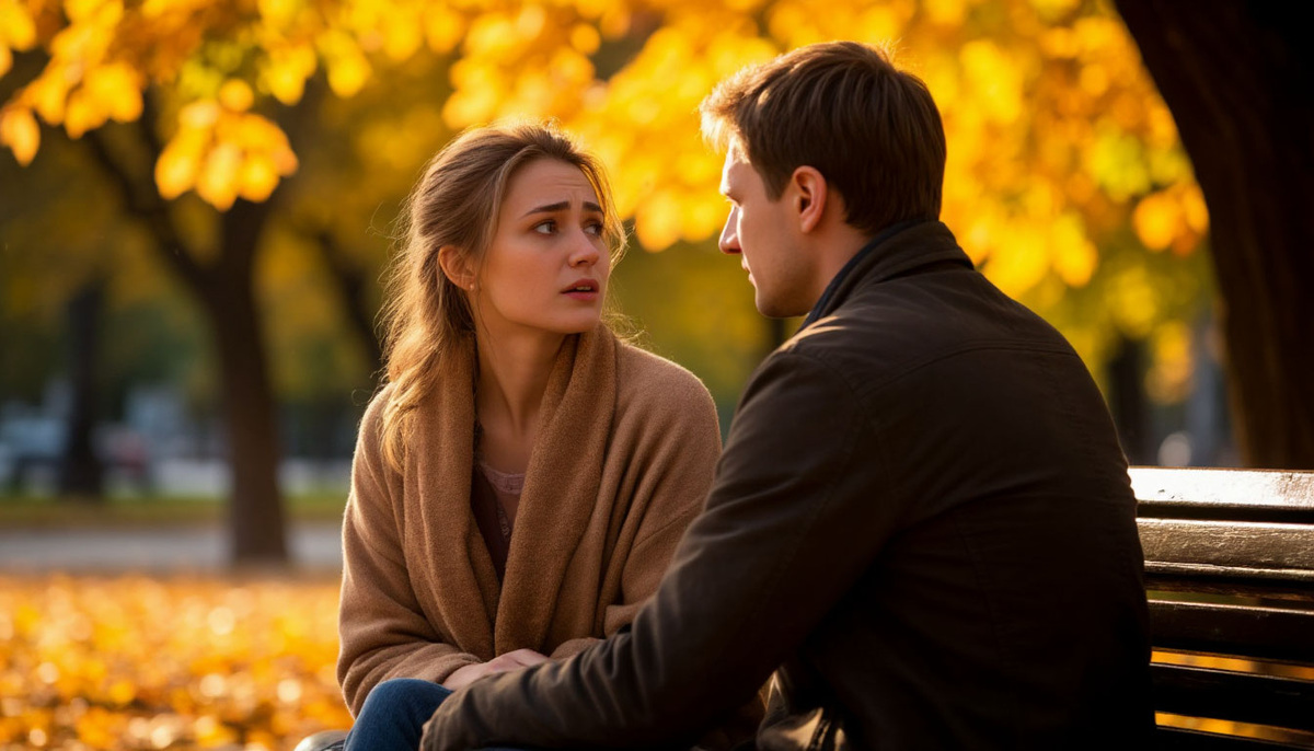 Анна и Сергей сидят на скамейке в парк