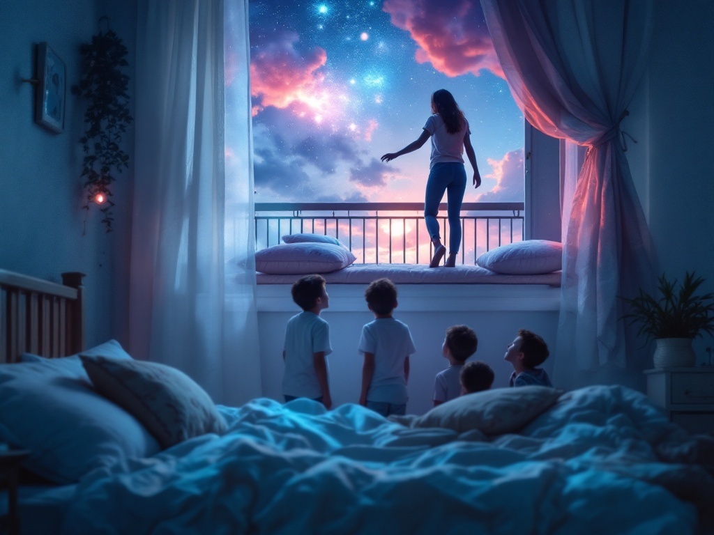    К чему такое снится: Я бы нарисовал человека, стоящего на гладильной доске за балконом, устланной декоративными подушками. Персонаж держится за ручку окна. Внизу видны мальчики, которые