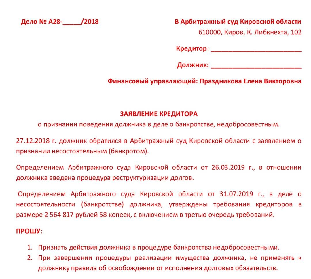 В суд было представлено несколько аргументированных заявлений кредитора о признании поведения должника недобросоветствным с просьбой не применять к должнику правила об освобождении от долгов.