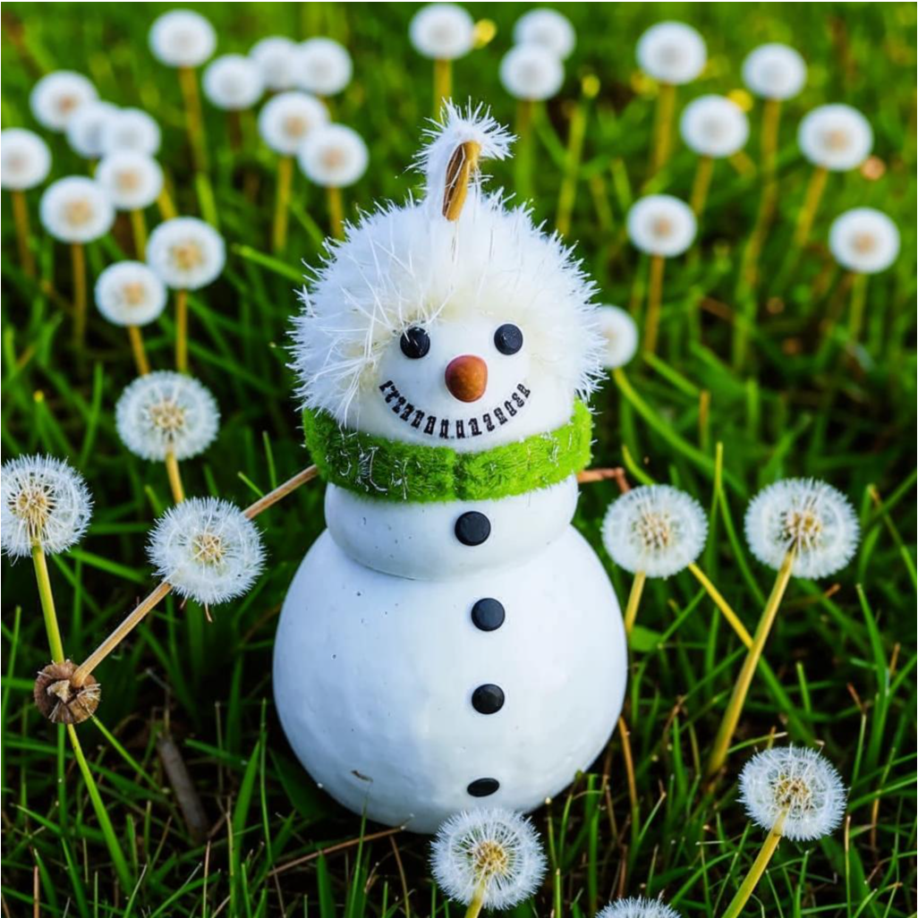Изображение создано нейросетью Kandinsky , правообладатель ПАО Сбербанк© Снеговик на зелёной траве с одуванчиками выглядел необычно.