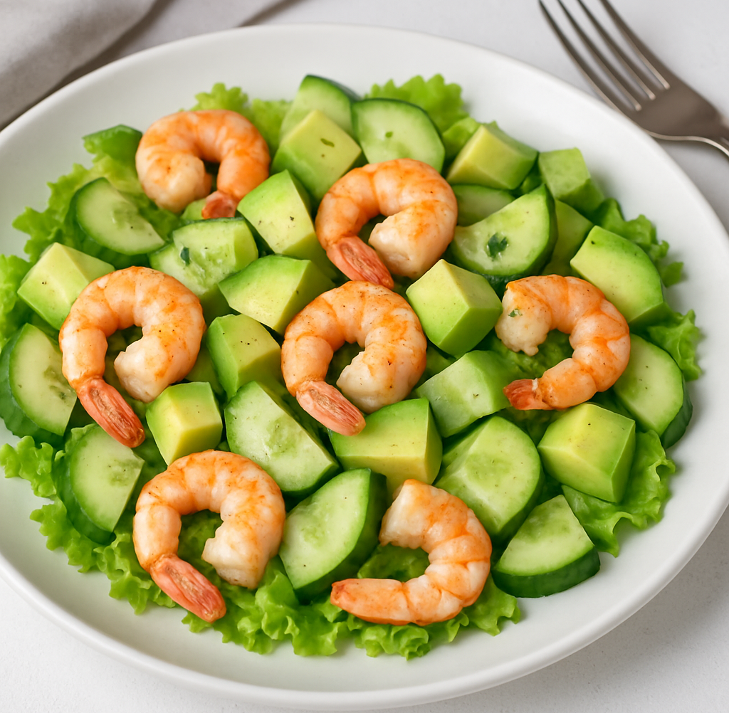 Салат с авокадо, креветками и огурцом

