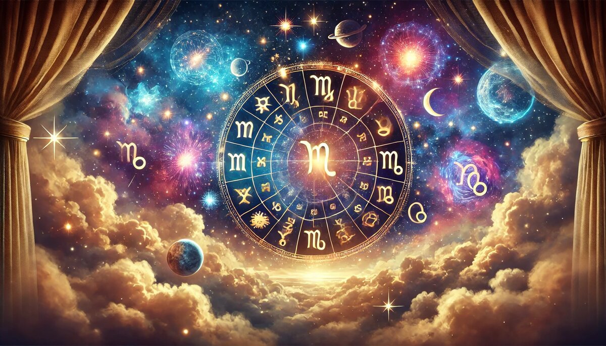Магическая сцена для гороскопа — 12 знаков зодиака, золотой свет и открытый звёздный космос
