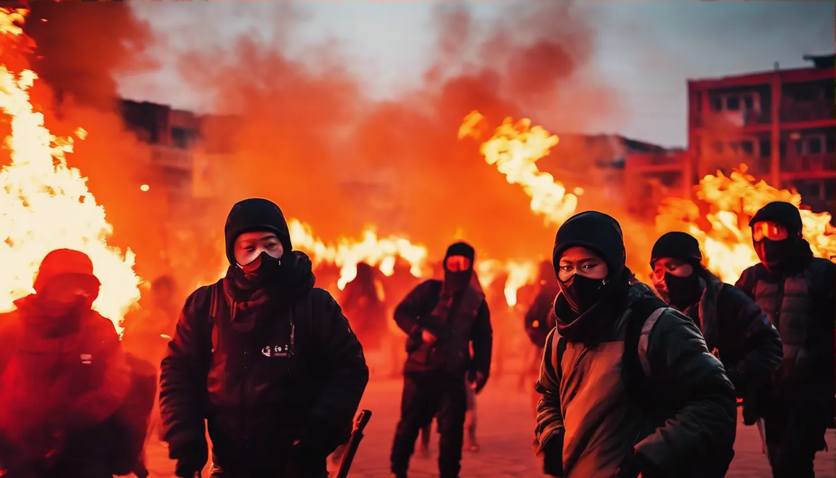 Толпа на площади в Непаке вечером — люди в защитной одежде с повязками на лицах бросают друг в друга пылающие огненные шары