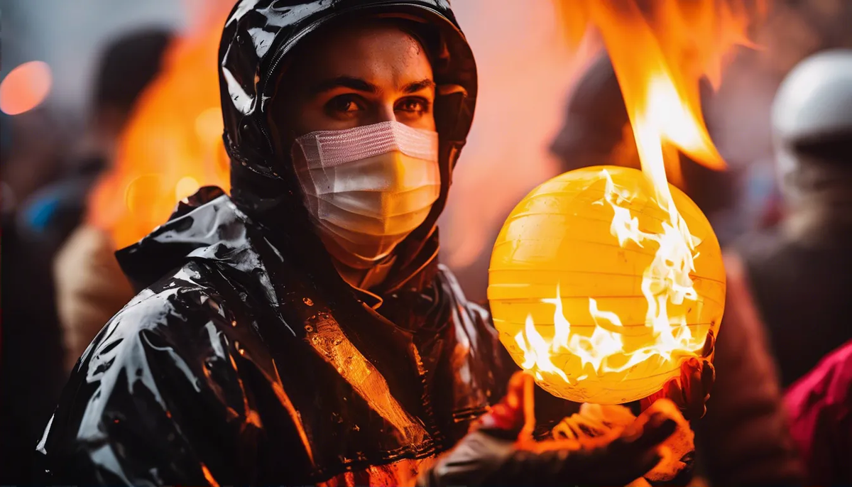 Участник фестиваля крупным планом — в мокрой защитной одежде и повязке, держащий горящий мяч в руке