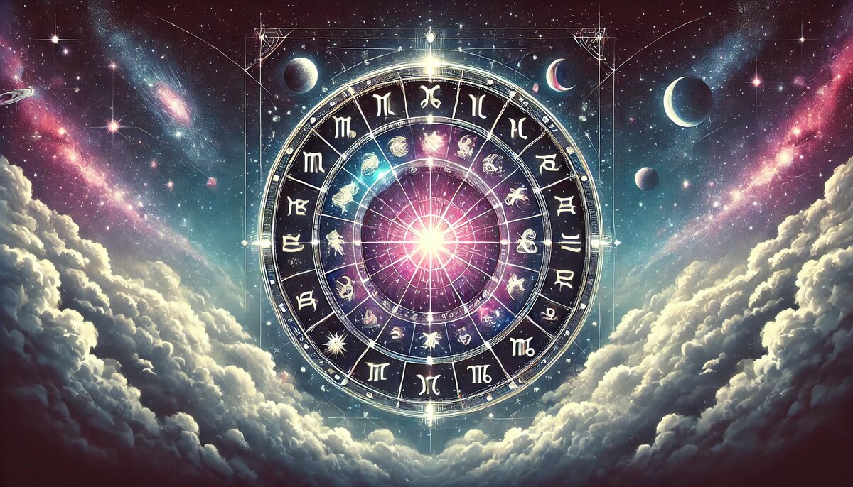 Чистая космическая сцена — сияющий зодиакальный круг на фоне звёзд, галактик и планет