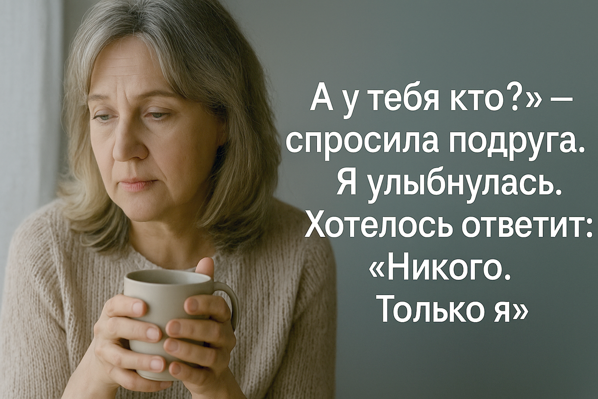 Женщина 60 лет с мягким взглядом держит тёплую кружку, сидит у окна в уединении. Тёплая сцена одиночества и внутреннего пробуждения после встречи, где она почувствовала себя лишней.