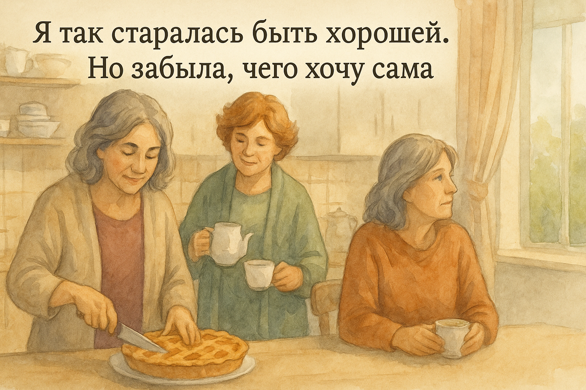 Три женщины на кухне: одна режет пирог, вторая подаёт чай, третья смотрит в окно. В её лице — лёгкая грусть и тепло. Атмосфера возвращения к себе через простые, живые жесты.