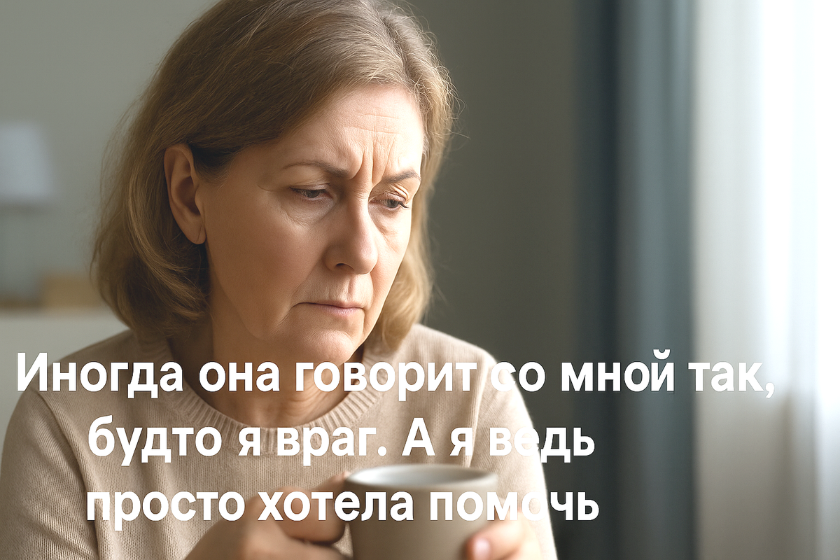 Женщина средних лет с усталым взглядом держит кружку и сидит у окна. Её лицо выражает боль и обиду, передавая внутреннее напряжение после ссоры с дочерью.