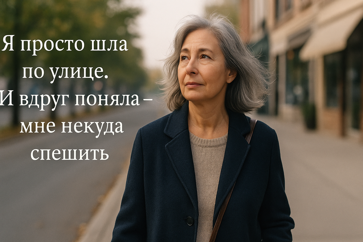 Женщина 50+ идёт по тихой улице в одиночестве. Её лицо задумчиво, движения неспешны. Вокруг утренний свет, лёгкий ветер. Атмосфера внутренней паузы, в которой рождается новое "я".
