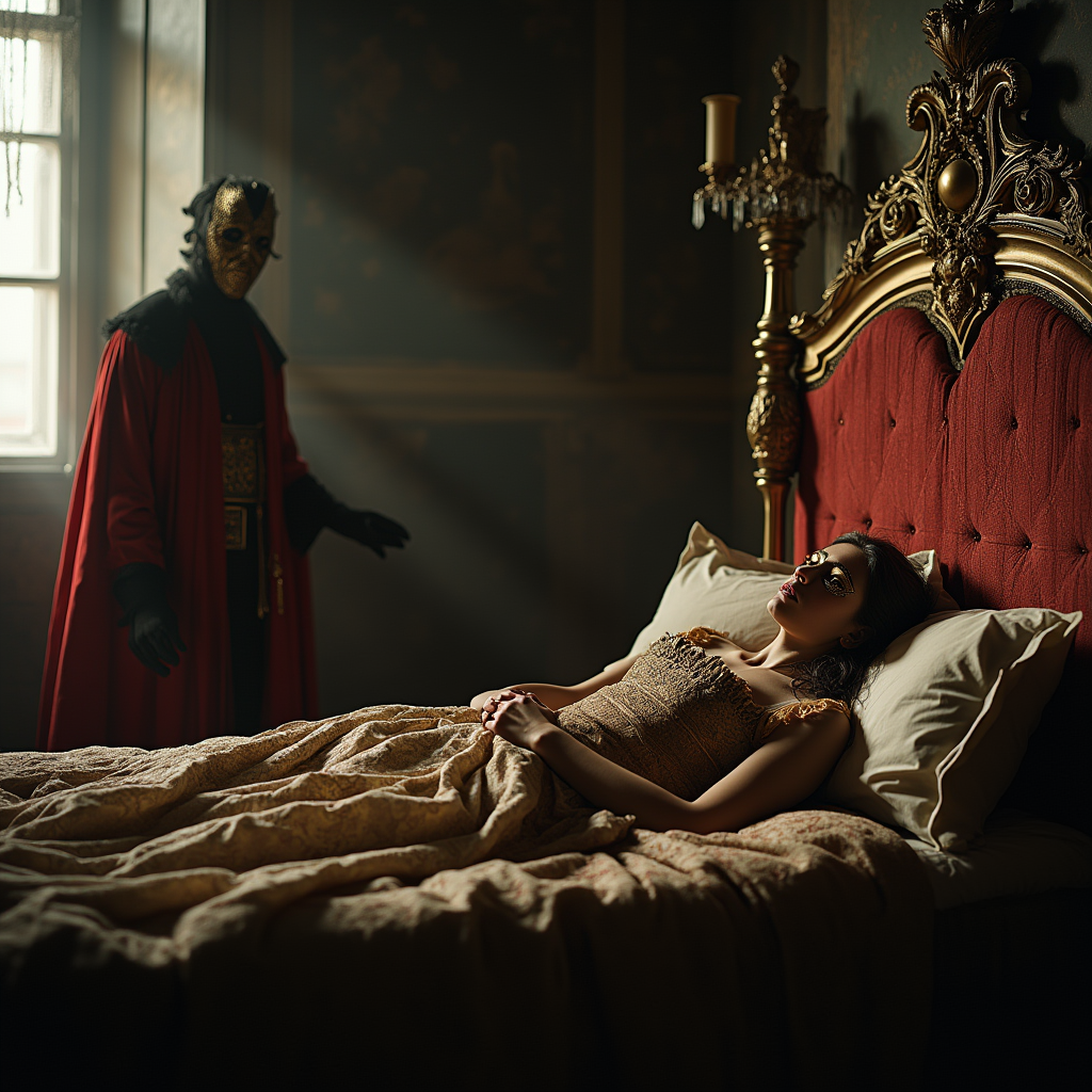 Незнакомец в маске "баута" заходит в тайную комнату для встреч.