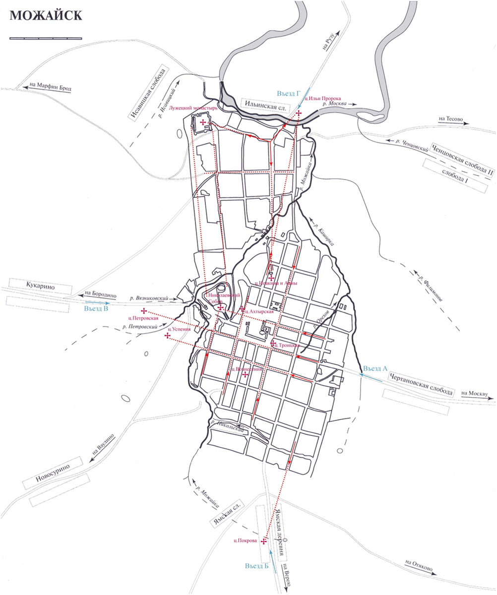 Выбор основных направляющих осей в планировке XVIII века в работе
специальной градостроительной «Комиссии для устройства городов» в Можайске
