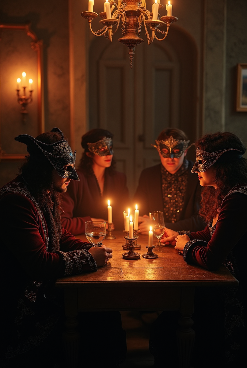 Собрание членов "Клуба незнакомцев" при свечах. Венеция XVIII века мужчины и женщины сидят в венецианских масках. Вокруг атмосфера интриги и интима.