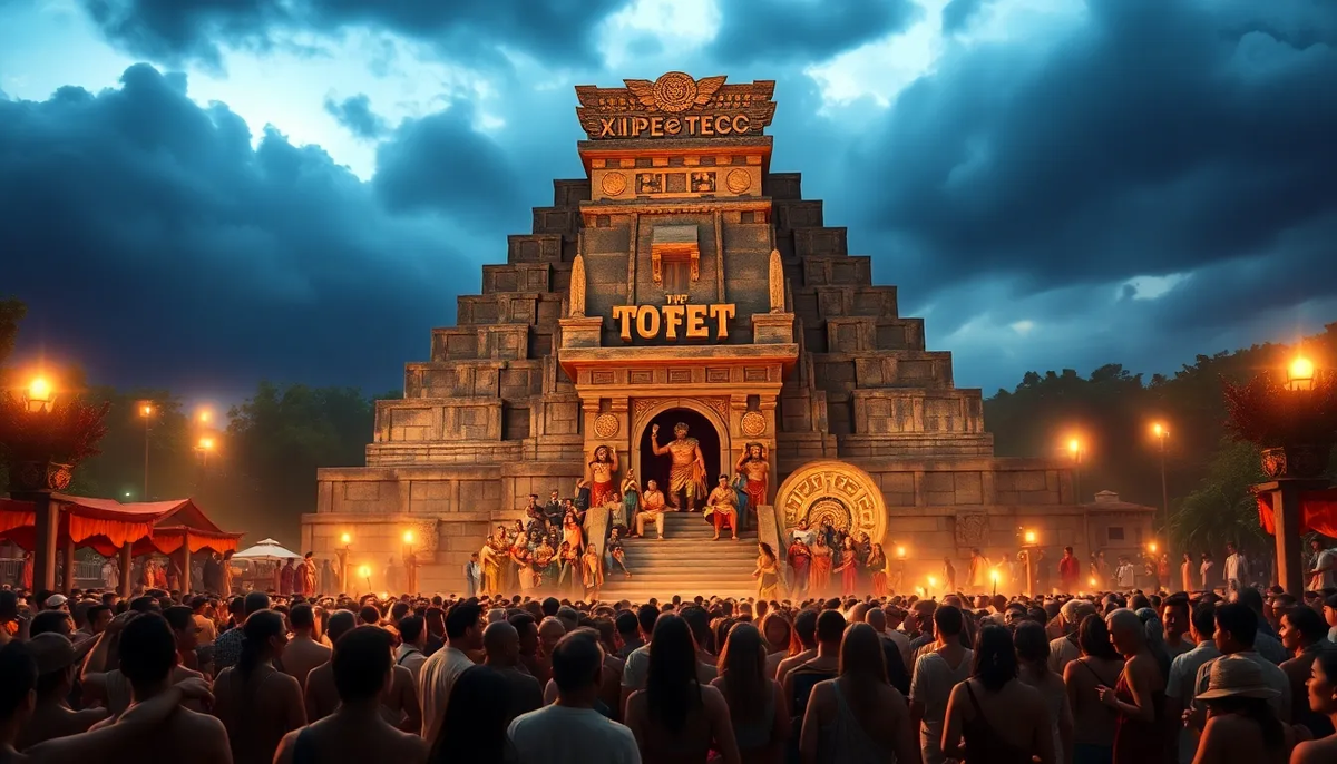 Ацтекский храм, окружённый толпой людей в традиционной одежде, празднующих Xipe Totec