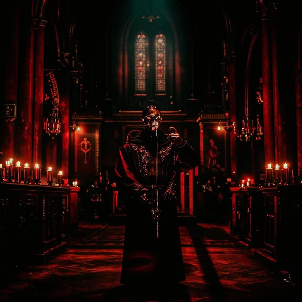 священник в маске из человеческой кожи, стоящий перед алтарем
