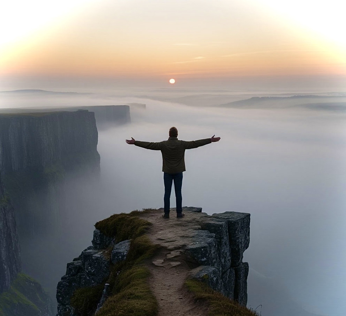 Человек на вершине горы встречает рассвет. Символ свободы и осознанного выбора.