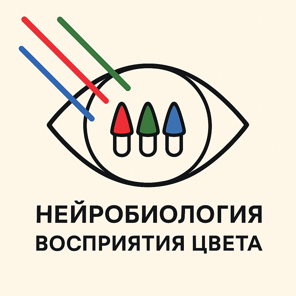 Схематичный глаз, на который падают разноцветные лучи. Внутри глаза - три типа колбочек, реагирующих на красный, зелёный и синий.