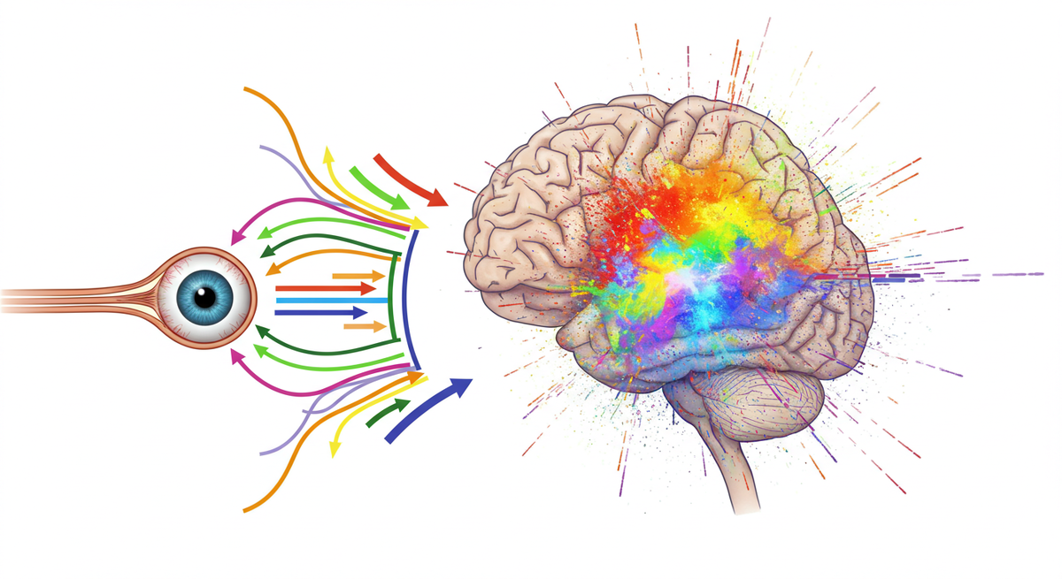 от глаза идут цветные стрелки к мозгу, где формируется яркая палитра.