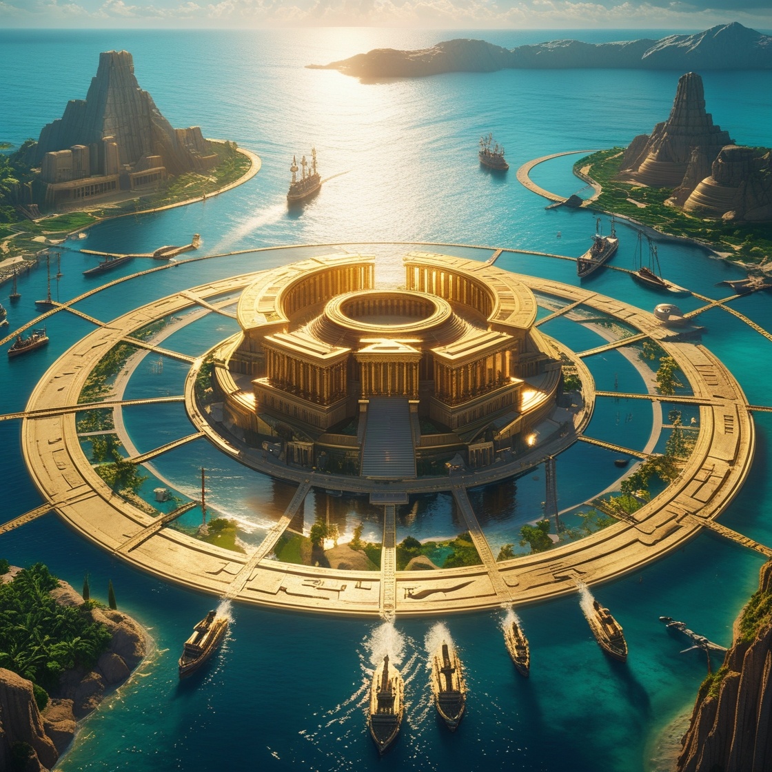 Загадочная цивилизация Атлантиды на острове Сонтарини в Эгейском море в представлении ИИ могла бы выглядеть примерно так. Археологические раскопки во многом подтверждают эту теорию.