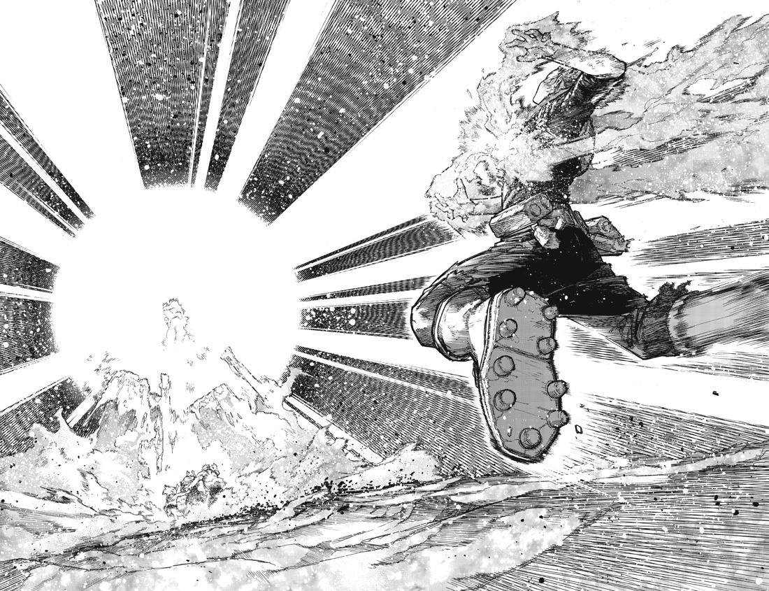 Разворот из манги Кохэя Хорикоси «Моя геройская академия 20. Книги 39–40. Битва беспричудного & The End of an Era, and…» (перевод Антона Ковтуненко) © ООО «Издательская Группа «Азбука-Аттикус»