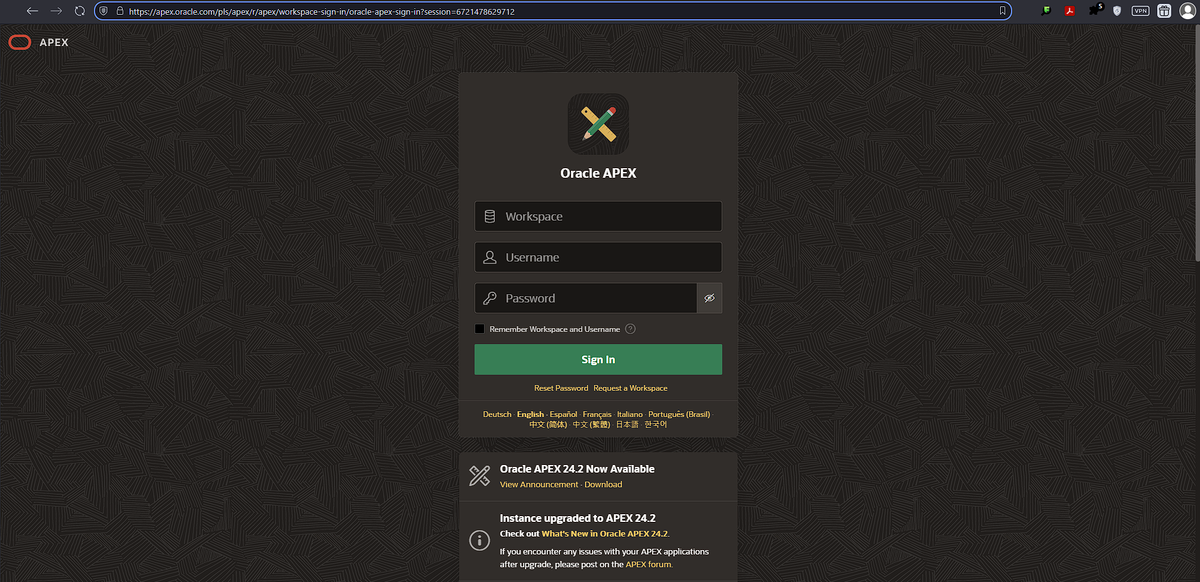 Вход в среду разработки приложения(ий) Oracle APEX