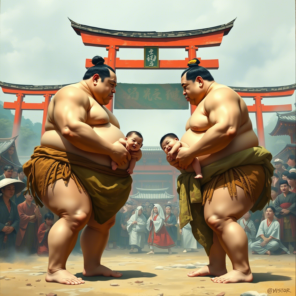  два огромных сумоиста в традиционных набедренных повязках держат на руках младенцев