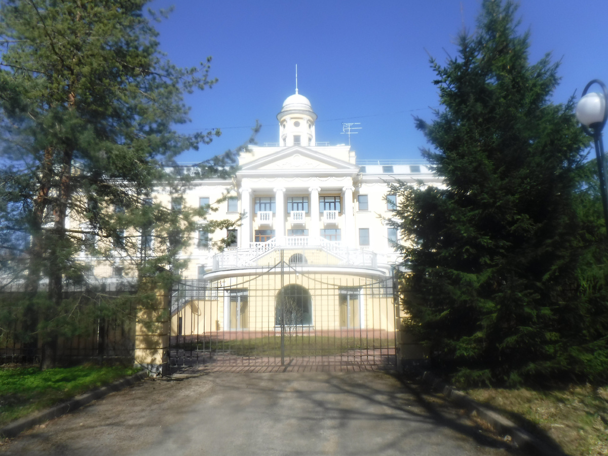 Наш дворец с колоннами ионического ордера и фронтом да башенкой 