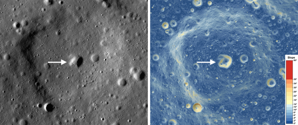 Слева — изображение одного из вулканических куполов горы Рюмкера, справа — карта крутизны склонов этого региона. Источник: NASA/GSFC/Arizona State University