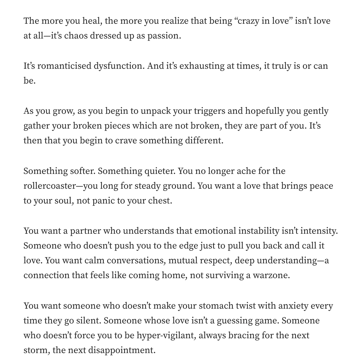 Листайте дальше, чтобы увидеть следующее изображение. Источник: https://medium.com/@markcasey_71840/the-more-you-heal-the-more-you-realise-that-being-crazy-in-love-isnt-love-at-all-it-s-chaos-2710604f7535