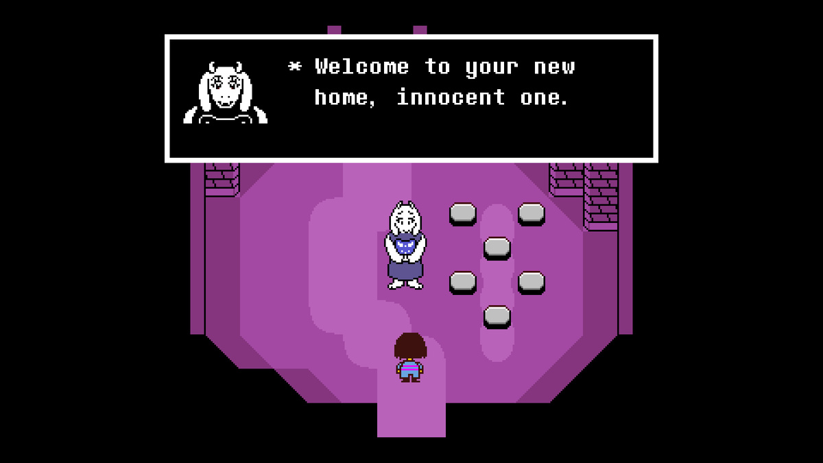 Скриншот из "Undertale" с диалогом между главным героем и монстром.