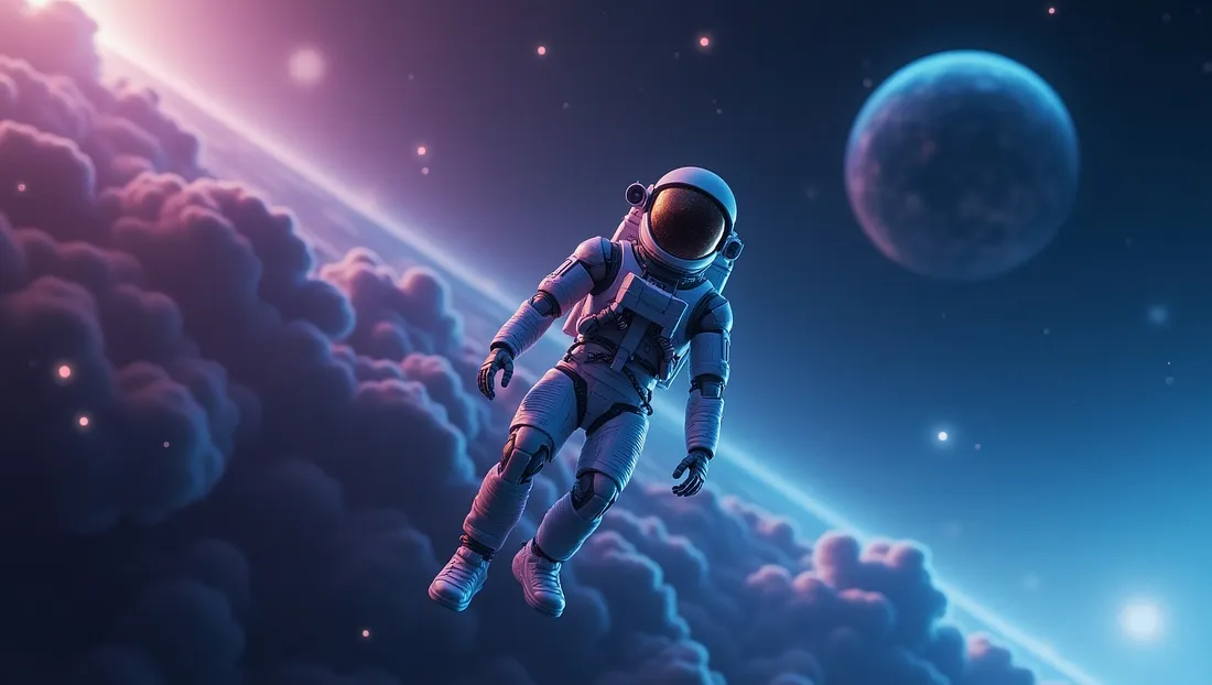 Футуристичный астронавт-робот, парящий в космосе, на фоне Земли, с цифровыми нейросетями, соединяющими звёзды; кинематографический свет, сверхдетализированное изображение в 8K-разрешении, драматическая космическая сцена с фиолетовыми и синими туманностями.