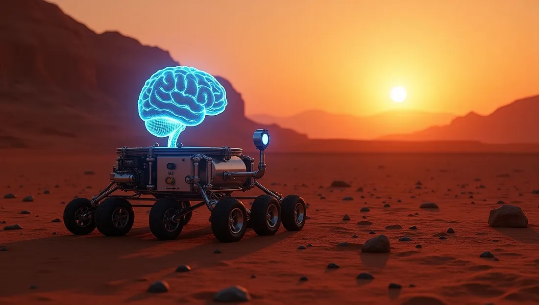 Марсоход с визуализацией «сияющего ИИ-мозга» над ним, принимающий автономные решения; красный марсианский пейзаж, захватывающий закат за далекими горами, марсоход анализирует образцы пород и отображает голографический анализ данных; фотореалистичный, кинематографический широкий план.