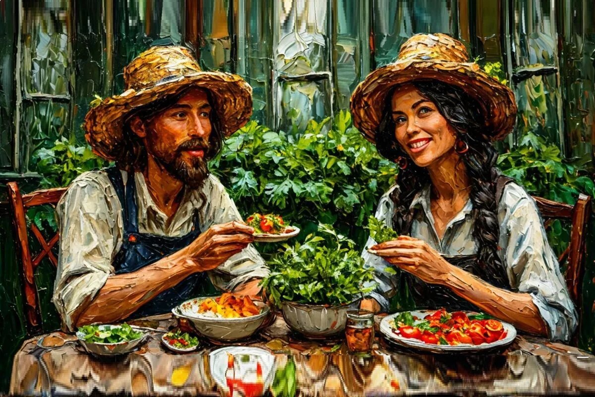 Искусственный интеллект считает, что Ван Гог по мотивам своего шедевра нарисовал бы именно такую картину – «Едоки кинзы».
Фото: Нейросеть shedevrum.ai