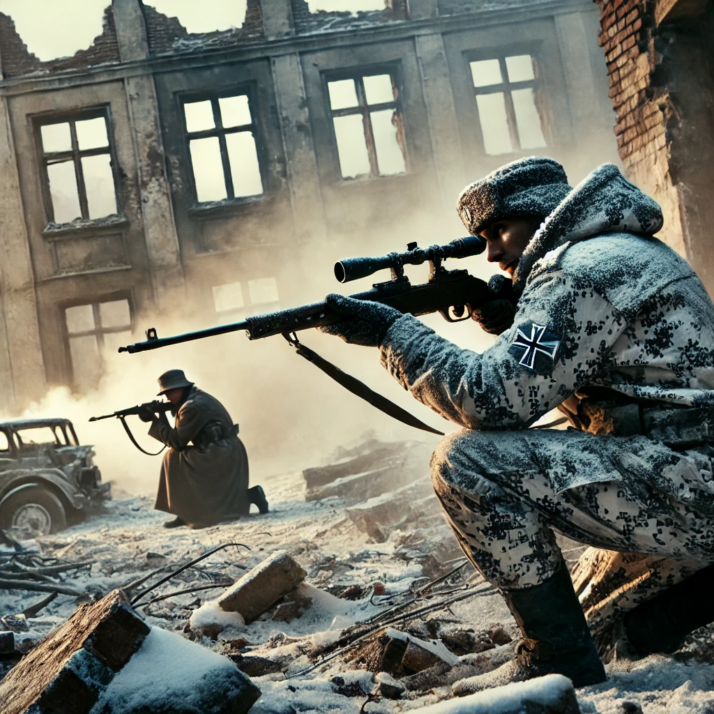 Атмосфера напряжённая: руины, дым, затаившиеся стрелки.