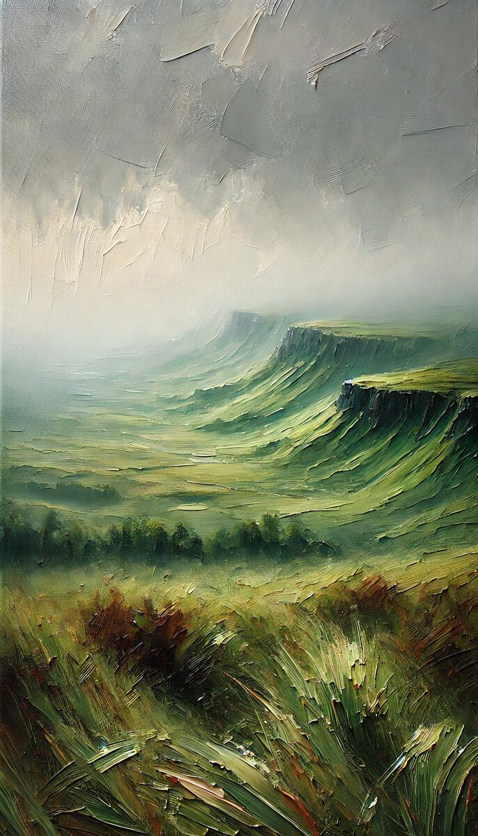 Картина: Тучи над зелёными склонами