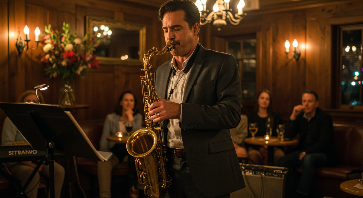 Он ездит в соседний город, где под псевдонимом выступает в маленьком джаз-клубе