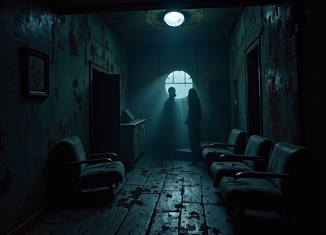 Тёмный трюм заброшенного корабля с призрачной фигурой в глубине