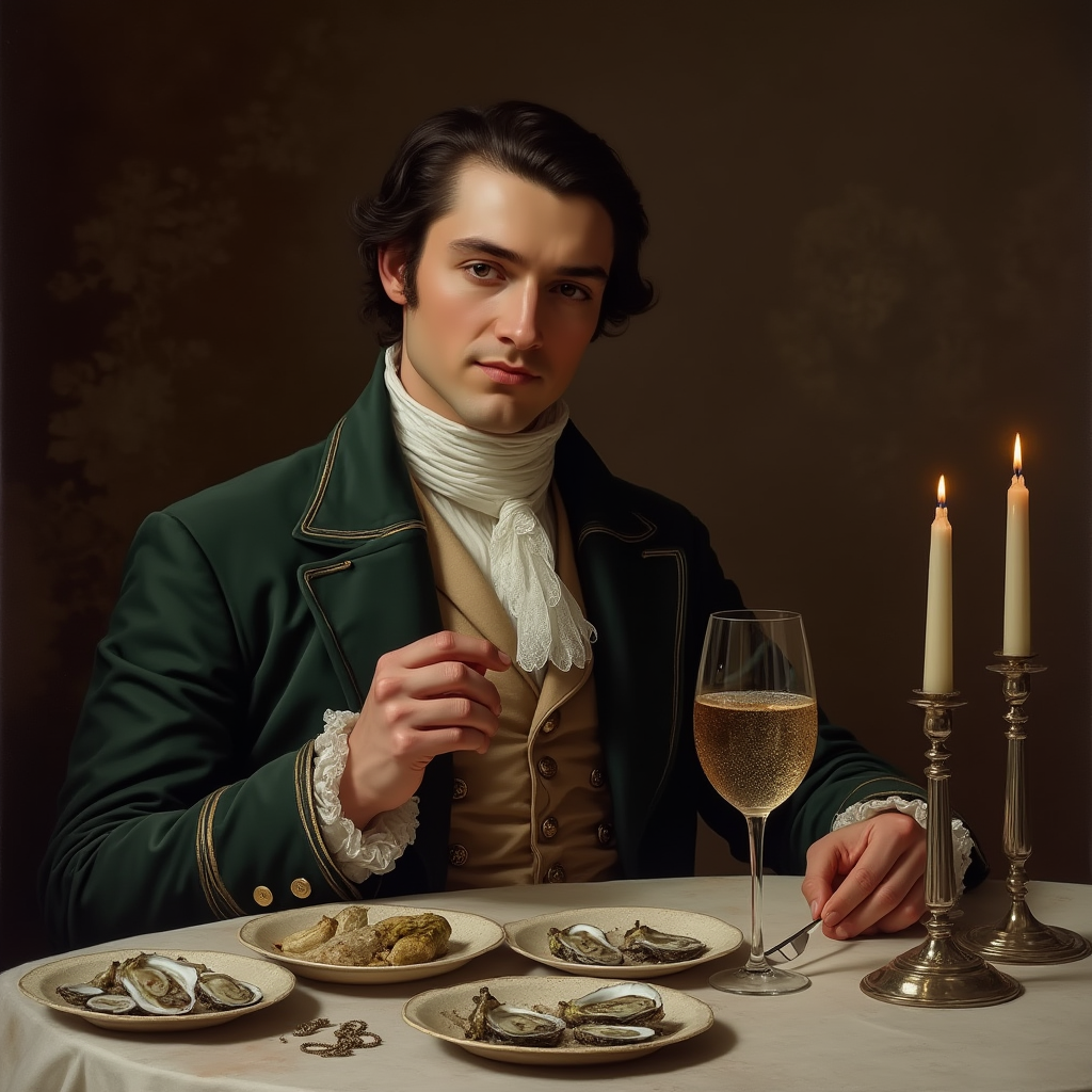 Портрет Казановы за столом с бокалом шампанского — элегантный мужчина в костюме XVIII века с характерной полуулыбкой, перед ним — изысканно сервированный стол с устрицами, шампанским и свечами. А не кажется ли вас, что можно разледеть женский силуэт в отражении бокала?
