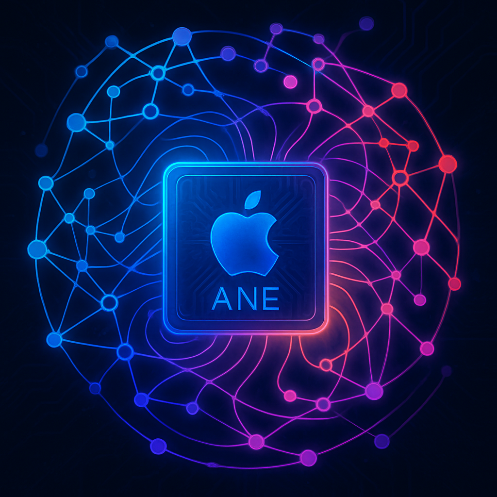 Футуристичная неоновая сцена: в центре мерцает квадратный чип Apple Neural Engine, подсвеченный глубоким синим свечением. На поверхности чипа — узнаваемый силуэт яблока и надпись «ANE». Вокруг него кружится разноцветная сеть из узлов-«нейронов» — яркие узелки соединены тонкими линиями, образуя спираль, переходящую из холодных голубых оттенков в фиолетовые и розово-красные. Тёмный фон с едва заметным рисунком печатных дорожек подчёркивает технологичность и придаёт изображению глубину.