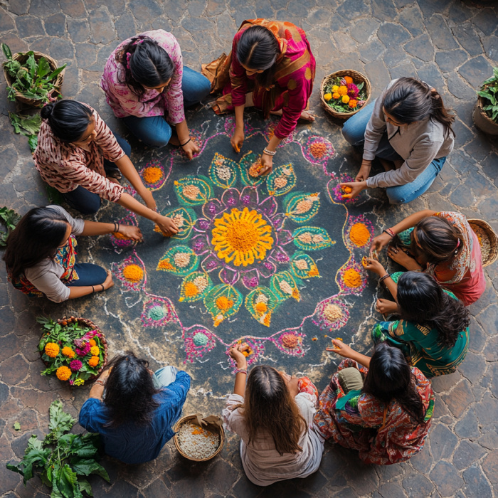 Молодые индийцы создают эко-ранголи из живых цветов и природных материалов — традиция Дивали обретает новый экологичный смысл. 