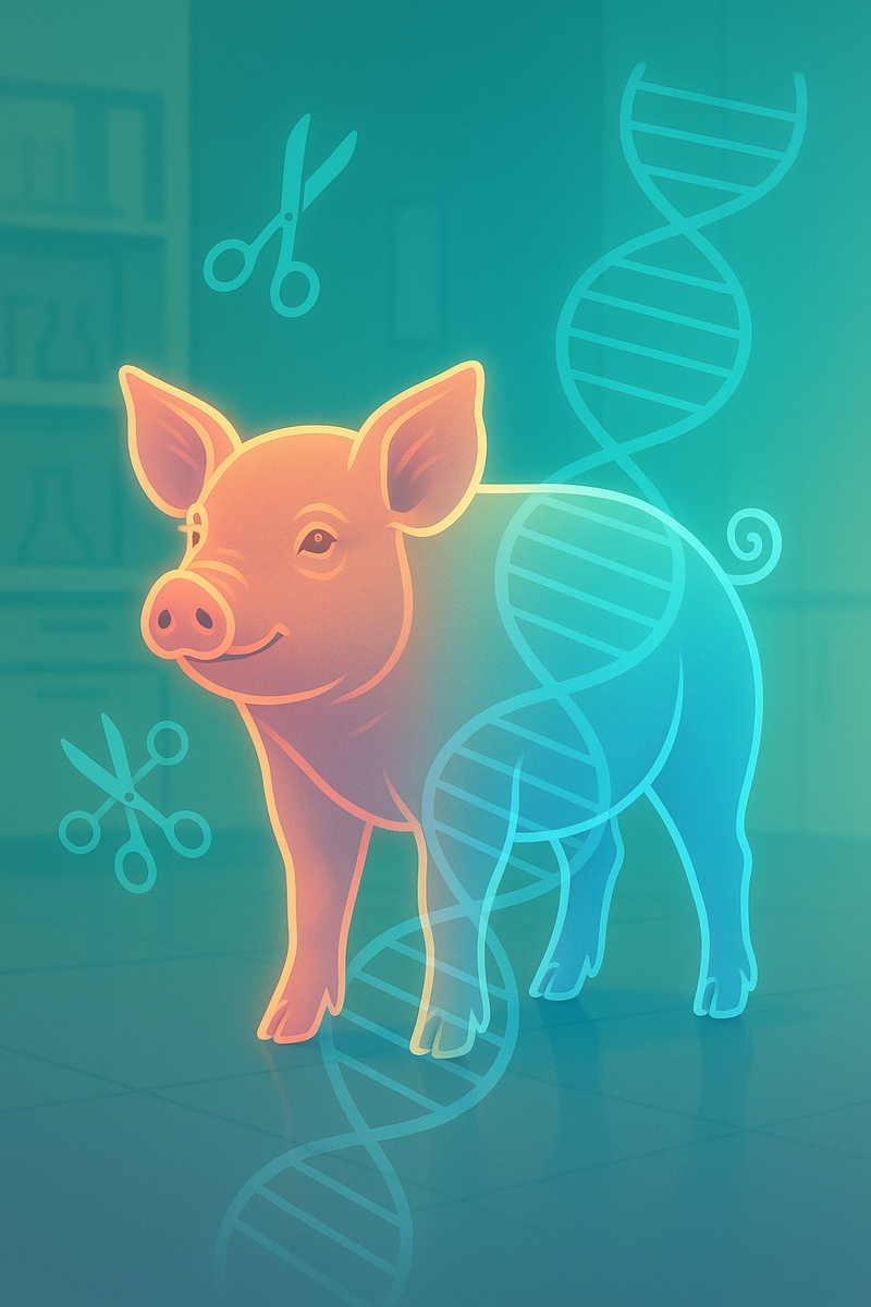 Неоновый рисунок показывает сияющую свинью в пастельных тонах: морда и передняя часть окрашены тёплым оранжево-розовым, хвост и зад — холодным голубым. Сквозь её силуэт проходит полупрозрачная спираль ДНК, а вокруг парят иконки ножниц CRISPR. На заднем плане — абстрактная лаборатория в мягких бирюзово-зелёных оттенках, подчёркивающая футуристический характер одобрения генетически редактированных животных.