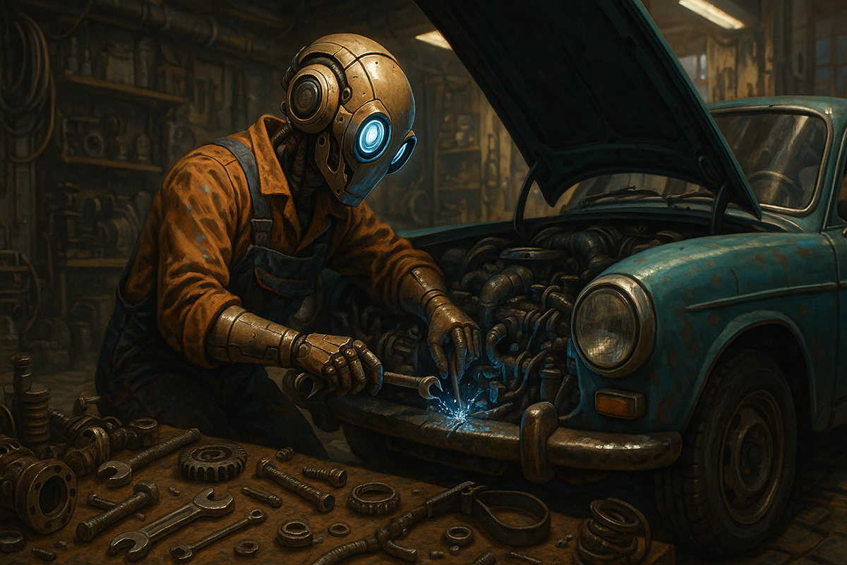 Лада внедряет ИИ в производство (там насамом деле мужик в костюме робота)