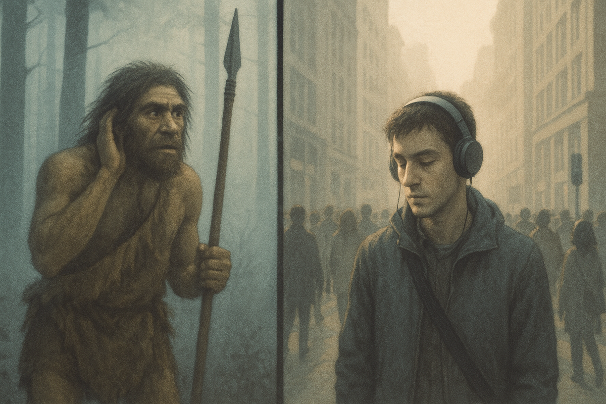 Эволюция тишины: древний человек в лесу прислушивается к звукам природы, а современный житель города изолируется в наушниках — визуализация зависимости от шума и потери контакта с собой.