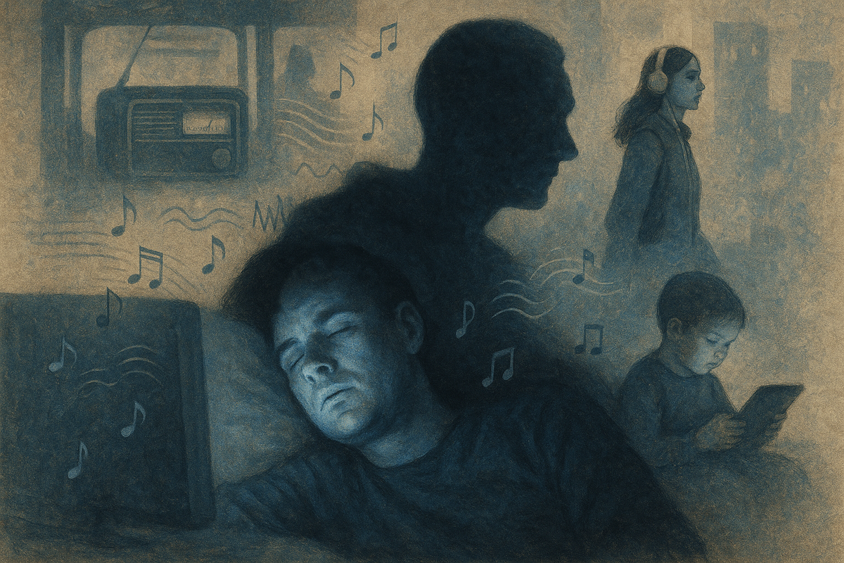 Иллюстрация фонового шума в жизни современного человека — как аудиостимулы вытесняют тишину и мешают услышать себя.