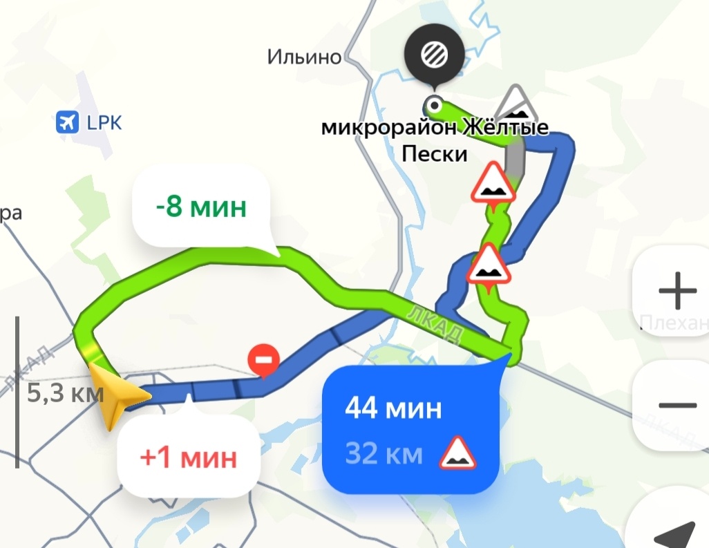 Маршрут до Жёлтых Песков, построенный с помощью сервиса Яндекс карты
