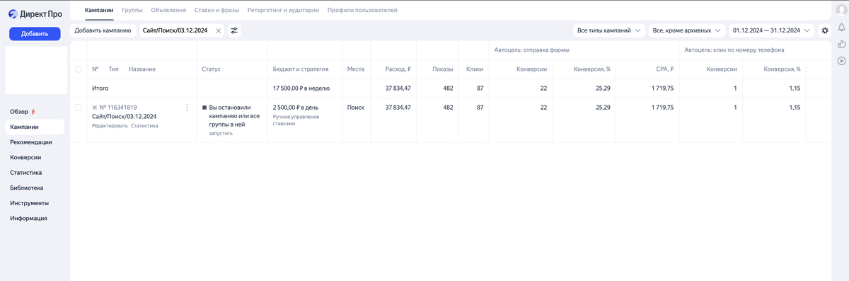 Скриншот кабинета, где настраивал рекламу