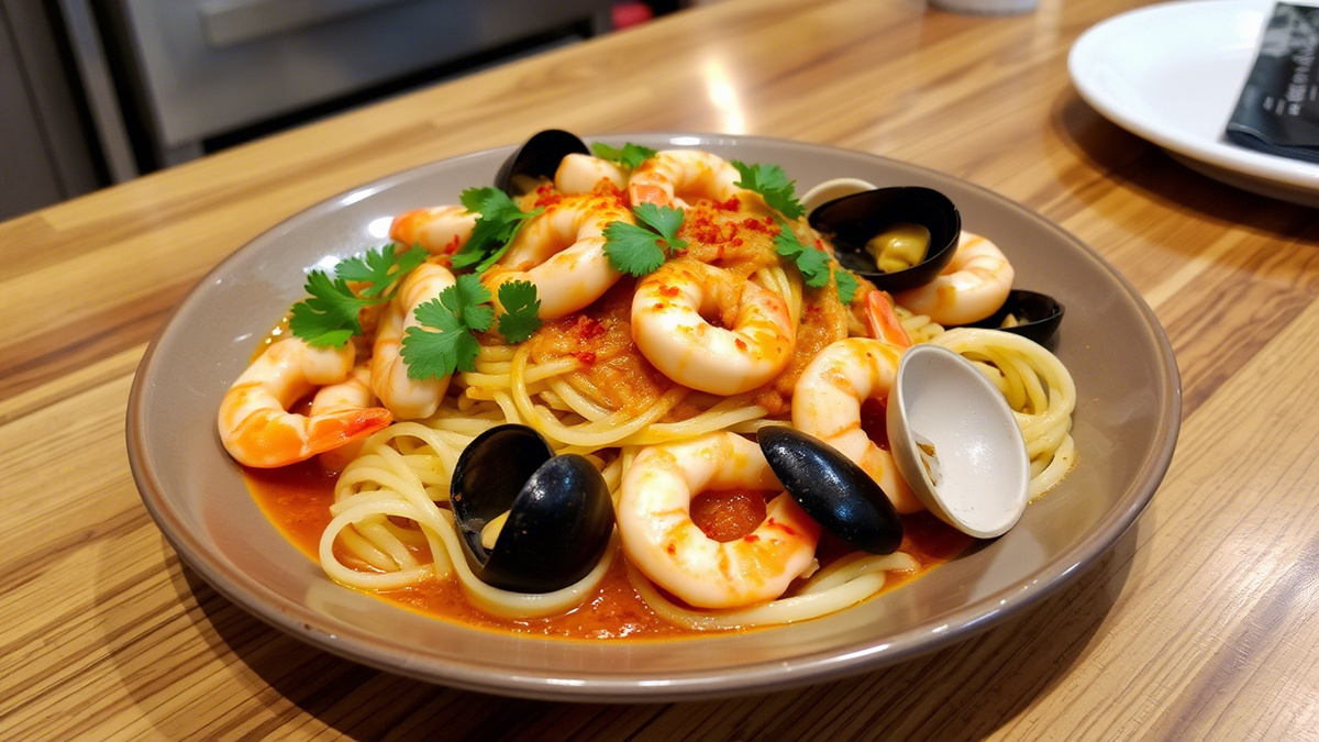 Паста с морепродуктами в томатно-чесночном соусе